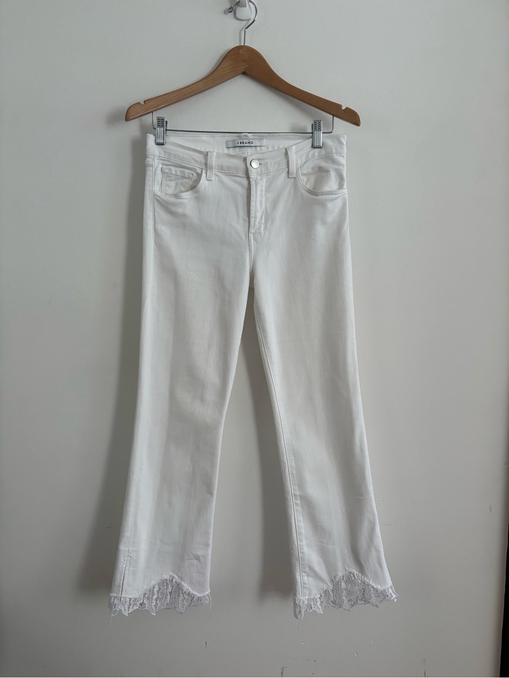 J Brand White Crop Jeans Lace Hem Size 29 Mid Rise Straight Leg